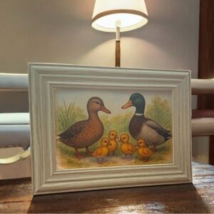 Framed Duck Family Art Print in Light Wood Frame